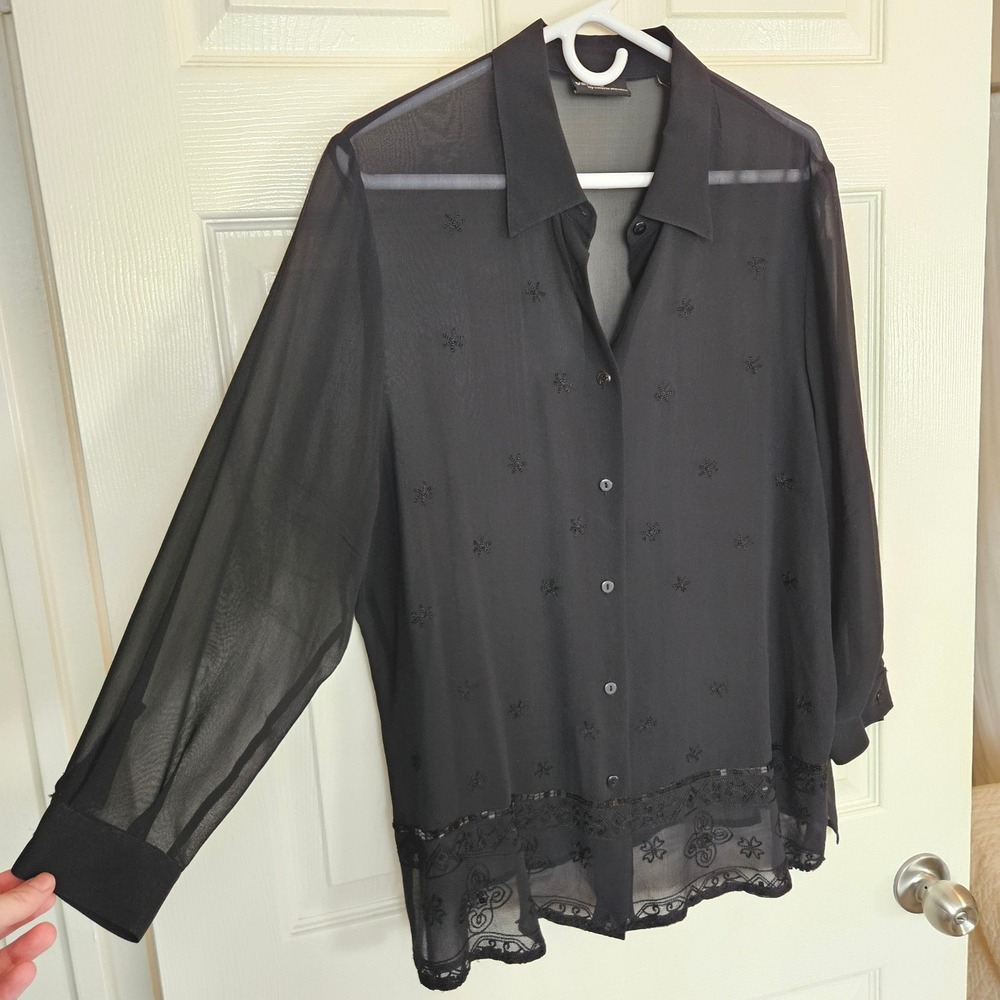 Valerie Stevens L Blk 100% Silk Embroidered Sequin Button Blouse 90s Minimalism